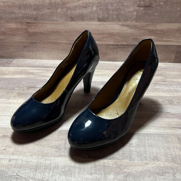 Clarks Womens Navy Patent Leather Cushion Heel Pumps Size 7M - Picture 3 of 13